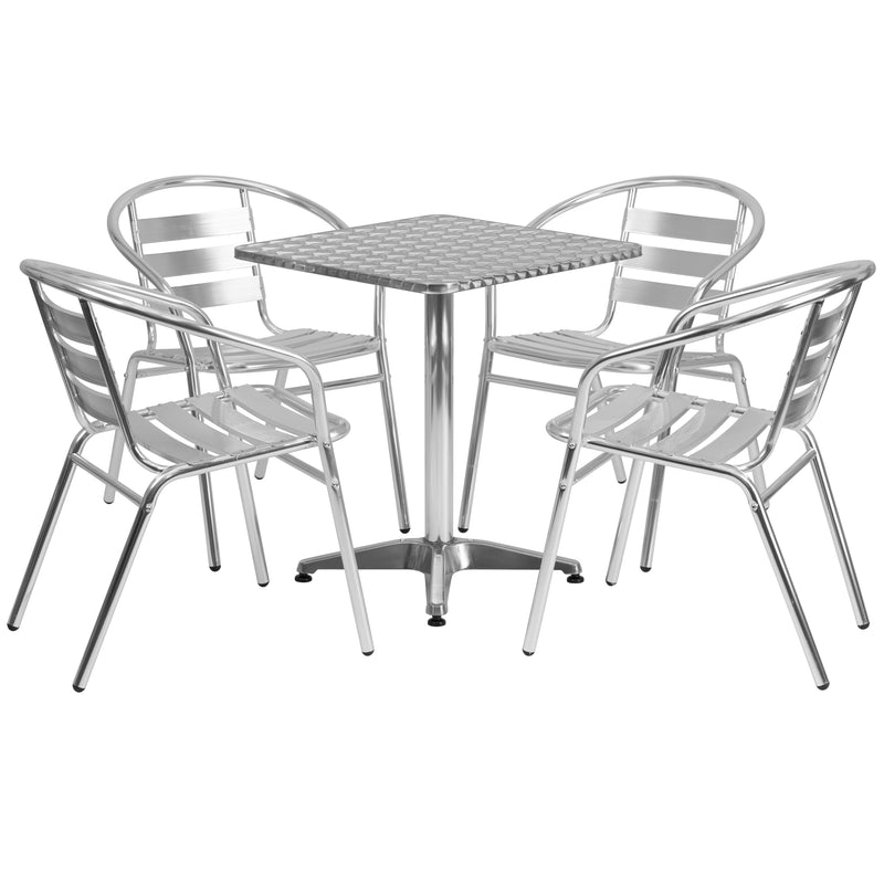 23.5'' Square Aluminum Indoor-Outdoor Table Set with 4 Slat Back Chairs