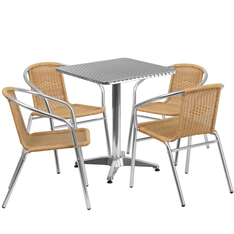 23.5'' Square Aluminum Indoor-Outdoor Table Set with 4 Beige Rattan Chairs