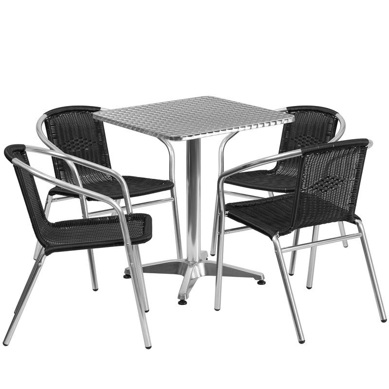 23.5'' Square Aluminum Indoor-Outdoor Table Set with 4 Black Rattan Chairs