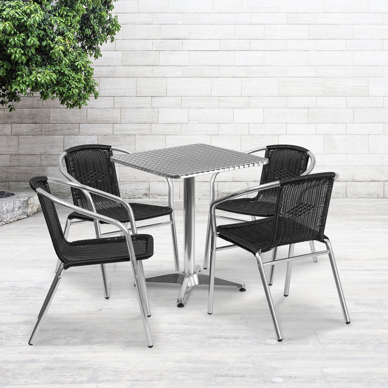 23.5'' Square Aluminum Indoor-Outdoor Table Set with 4 Black Rattan Chairs