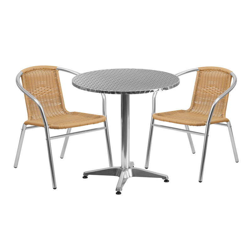 27.5'' Round Aluminum Indoor-Outdoor Table Set with 2 Beige Rattan Chairs