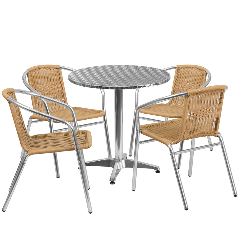 27.5'' Round Aluminum Indoor-Outdoor Table Set with 4 Beige Rattan Chairs