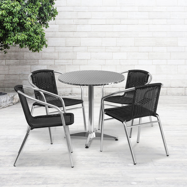 27.5'' Round Aluminum Indoor-Outdoor Table Set with 4 Black Rattan Chairs