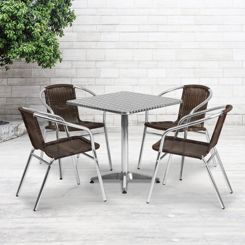 27.5'' Square Aluminum Indoor-Outdoor Table Set with 4 Dark Brown Rattan Chairs