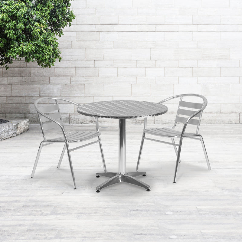 31.5'' Round Aluminum Indoor-Outdoor Table Set with 2 Slat Back Chairs