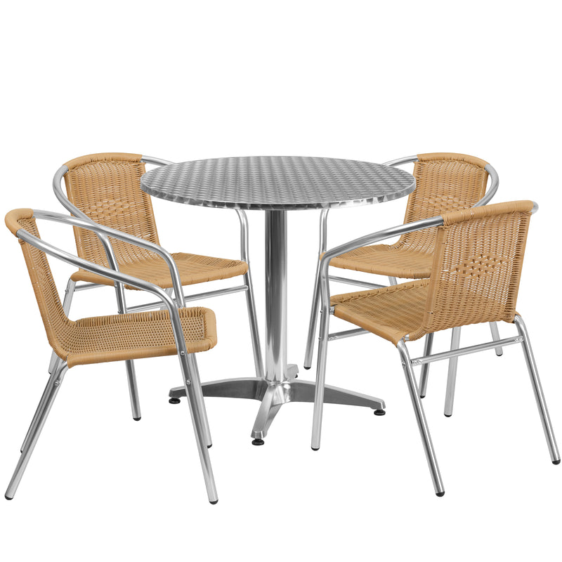 31.5'' Round Aluminum Indoor-Outdoor Table Set with 4 Beige Rattan Chairs