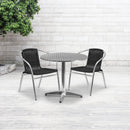 31.5'' Round Aluminum Indoor-Outdoor Table Set with 2 Black Rattan Chairs