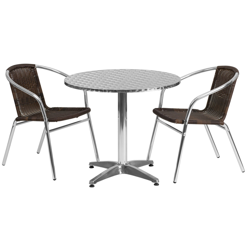 31.5'' Round Aluminum Indoor-Outdoor Table Set with 2 Dark Brown Rattan Chairs