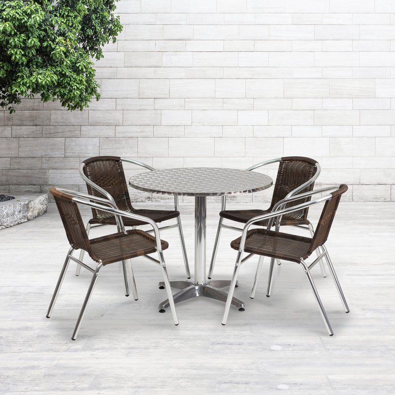 31.5'' Round Aluminum Indoor-Outdoor Table Set with 4 Dark Brown Rattan Chairs