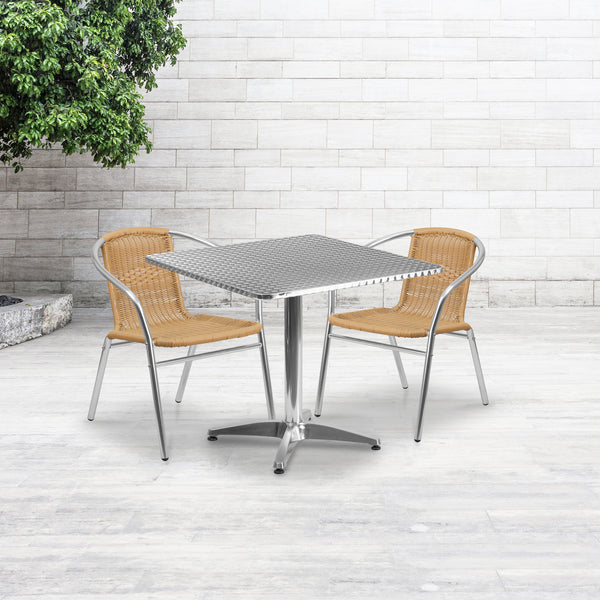 31.5'' Square Aluminum Indoor-Outdoor Table Set with 2 Beige Rattan Chairs