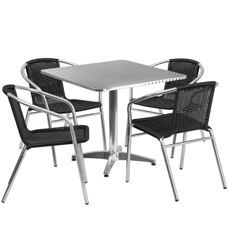 31.5'' Square Aluminum Indoor-Outdoor Table Set with 4 Black Rattan Chairs