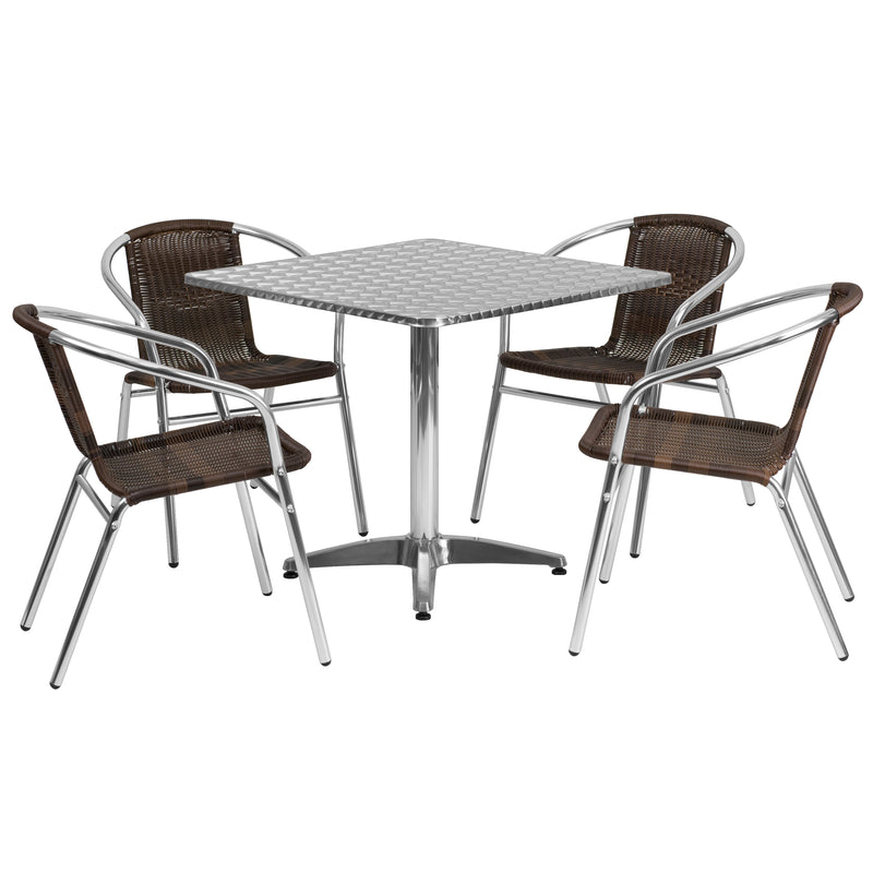 31.5'' Square Aluminum Indoor-Outdoor Table Set with 4 Dark Brown Rattan Chairs