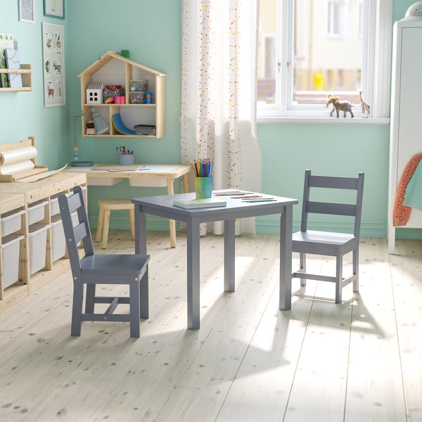 Kids Solid Hardwood Table and Chair Set for Playroom, Bedroom, Kitchen - 3 Piece Set - Gray