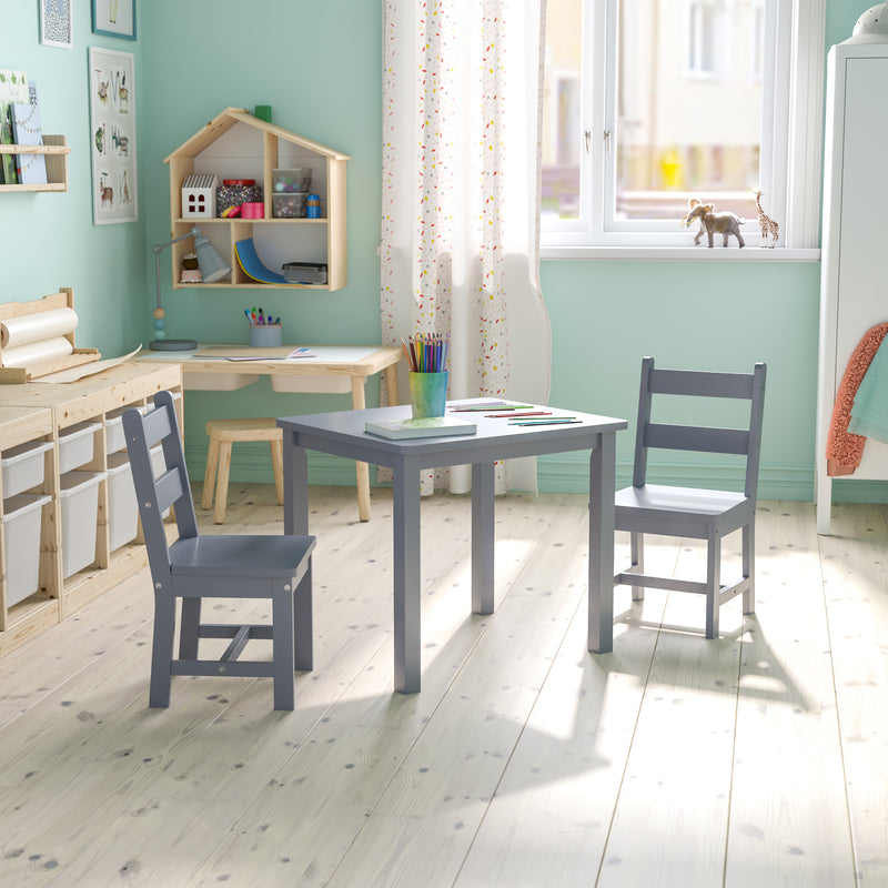 Kids Solid Hardwood Table and Chair Set for Playroom, Bedroom, Kitchen - 3 Piece Set - Gray