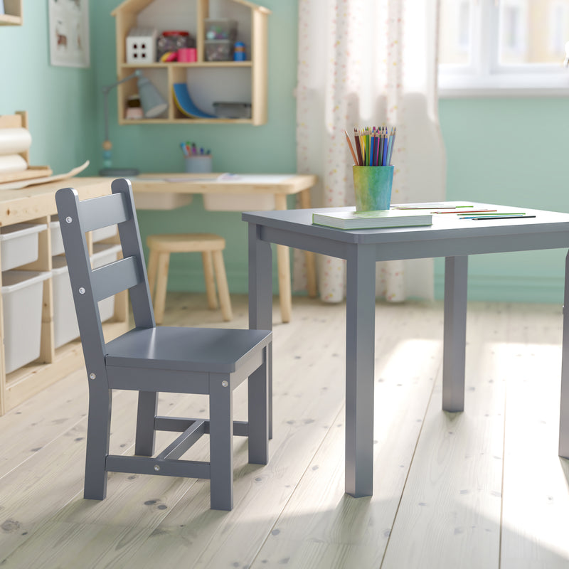 Kids Solid Hardwood Table and Chair Set for Playroom, Bedroom, Kitchen - 3 Piece Set - Gray