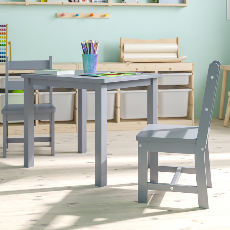 Kids Solid Hardwood Table and Chair Set for Playroom, Bedroom, Kitchen - 3 Piece Set - Gray