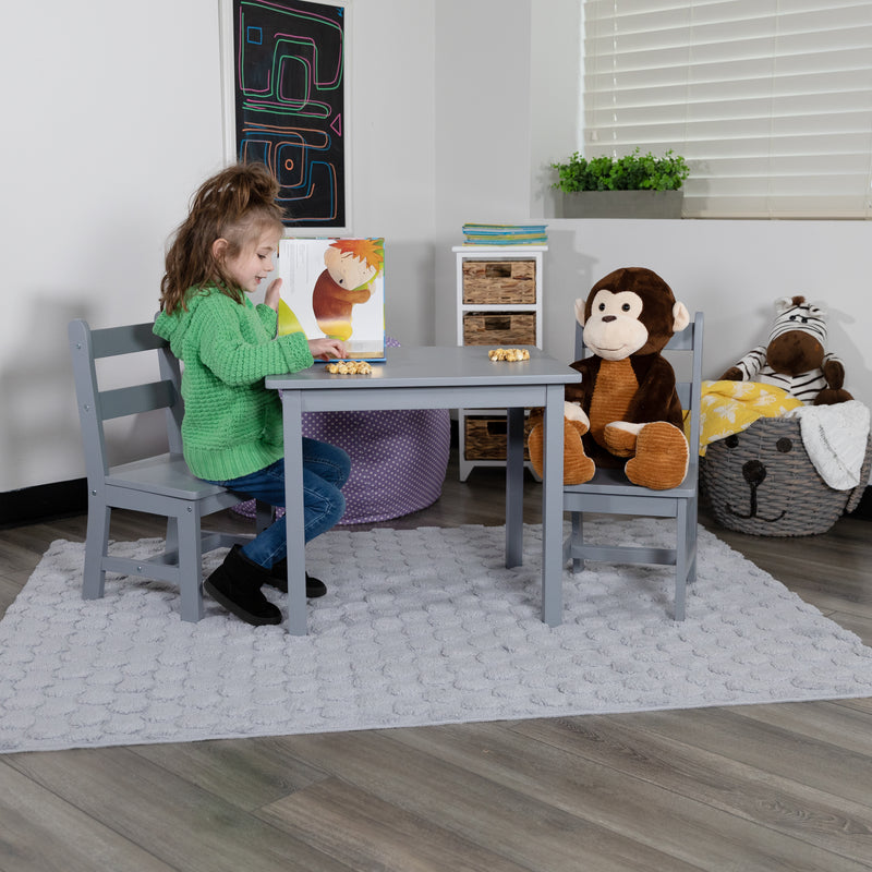 Kids Solid Hardwood Table and Chair Set for Playroom, Bedroom, Kitchen - 3 Piece Set - Gray