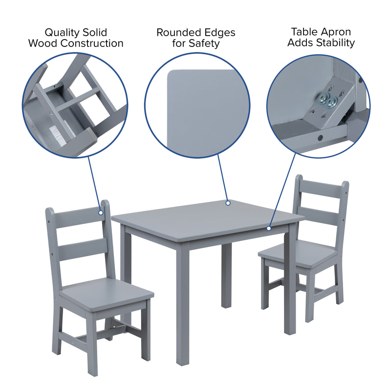 Kids Solid Hardwood Table and Chair Set for Playroom, Bedroom, Kitchen - 3 Piece Set - Gray