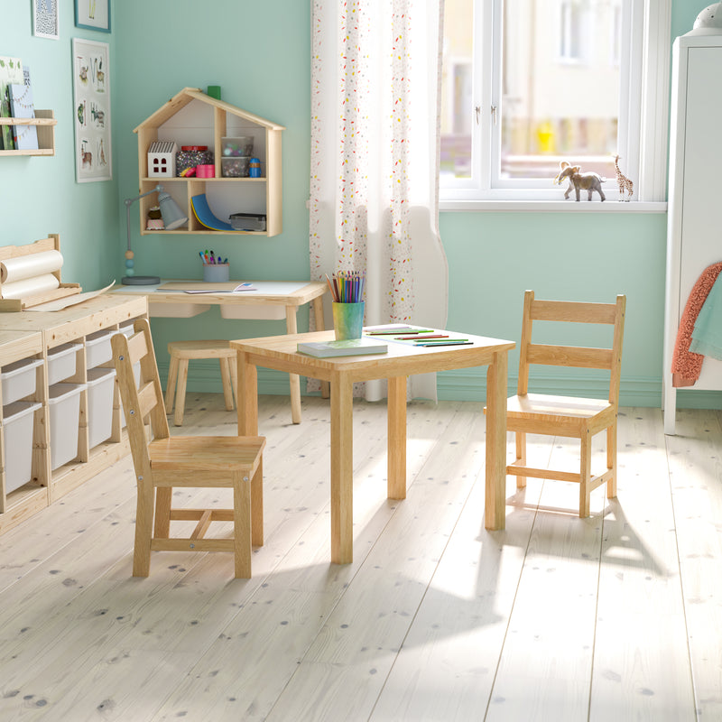 Kids Solid Hardwood Table and Chair Set for Playroom, Bedroom, Kitchen - 3 Piece Set - Natural