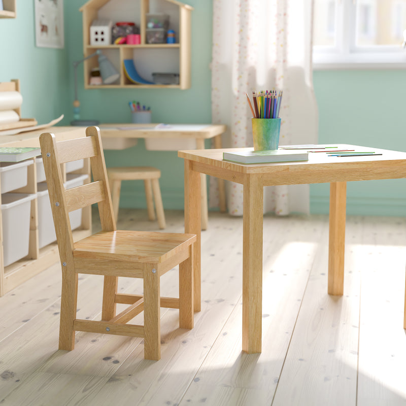 Kids Solid Hardwood Table and Chair Set for Playroom, Bedroom, Kitchen - 3 Piece Set - Natural