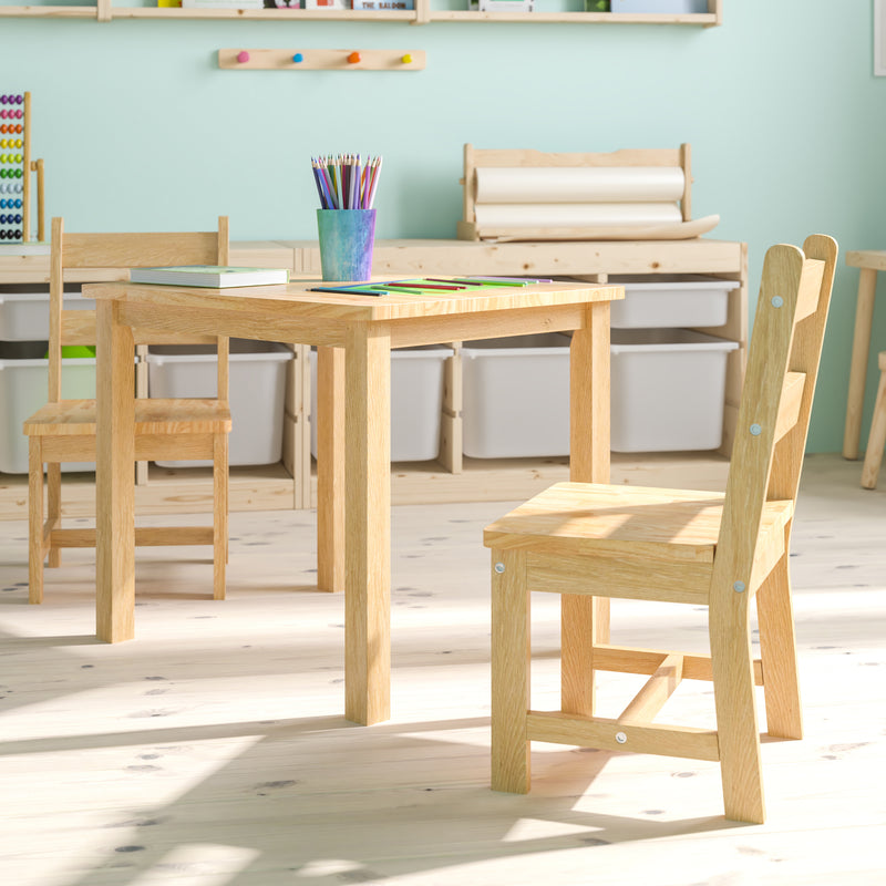 Kids Solid Hardwood Table and Chair Set for Playroom, Bedroom, Kitchen - 3 Piece Set - Natural