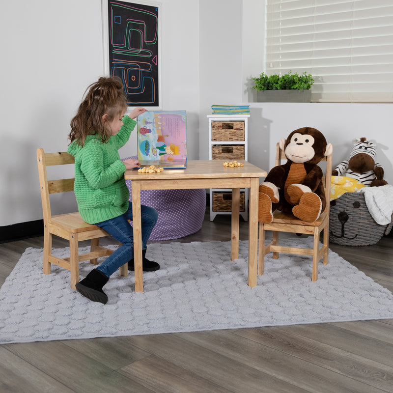 Kids Solid Hardwood Table and Chair Set for Playroom, Bedroom, Kitchen - 3 Piece Set - Natural