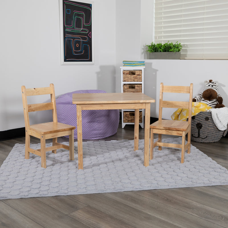 Kids Solid Hardwood Table and Chair Set for Playroom, Bedroom, Kitchen - 3 Piece Set - Natural