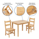 Kids Solid Hardwood Table and Chair Set for Playroom, Bedroom, Kitchen - 3 Piece Set - Natural