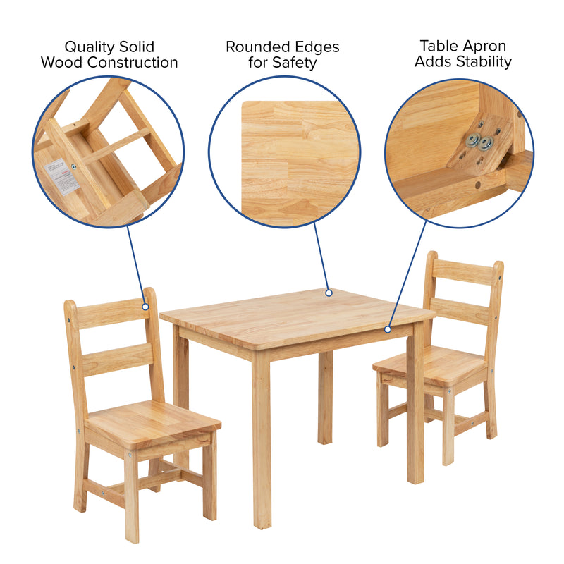 Kids Solid Hardwood Table and Chair Set for Playroom, Bedroom, Kitchen - 3 Piece Set - Natural