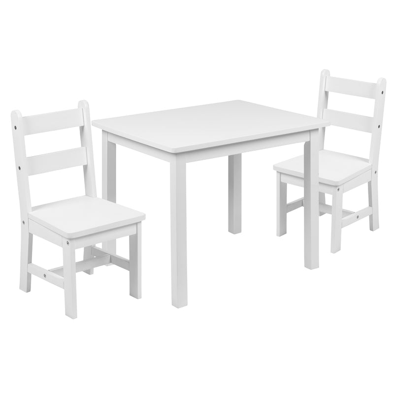 Kids Solid Hardwood Table and Chair Set for Playroom, Bedroom, Kitchen - 3 Piece Set - White