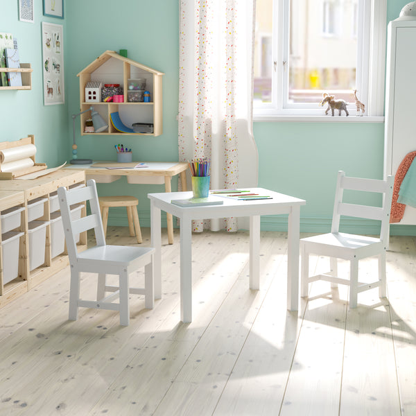 Kids Solid Hardwood Table and Chair Set for Playroom, Bedroom, Kitchen - 3 Piece Set - White