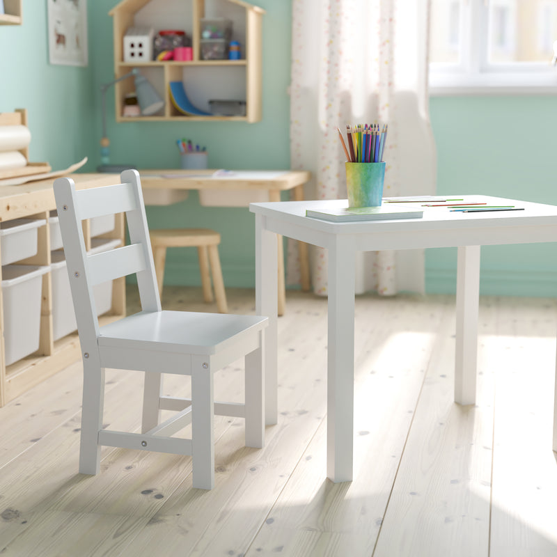 Kids Solid Hardwood Table and Chair Set for Playroom, Bedroom, Kitchen - 3 Piece Set - White