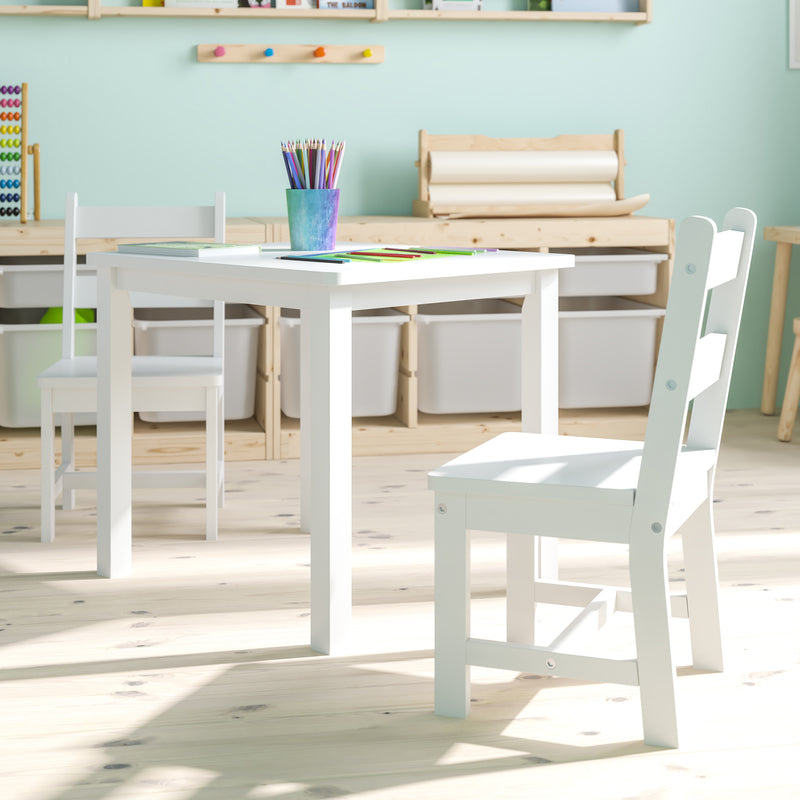 Kids Solid Hardwood Table and Chair Set for Playroom, Bedroom, Kitchen - 3 Piece Set - White