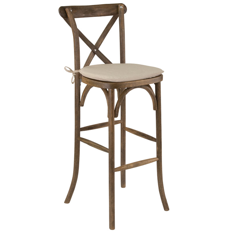 SINGLEWAVE Series Dark Antique Wood Cross Back Barstool with Cushion