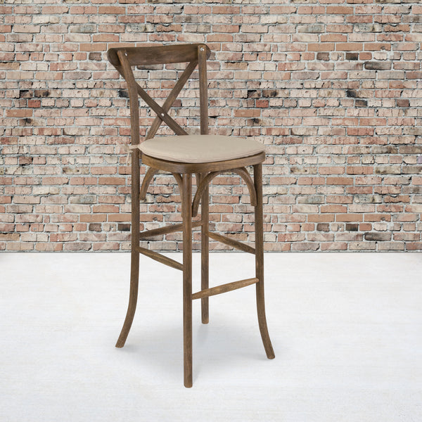 SINGLEWAVE Series Dark Antique Wood Cross Back Barstool with Cushion