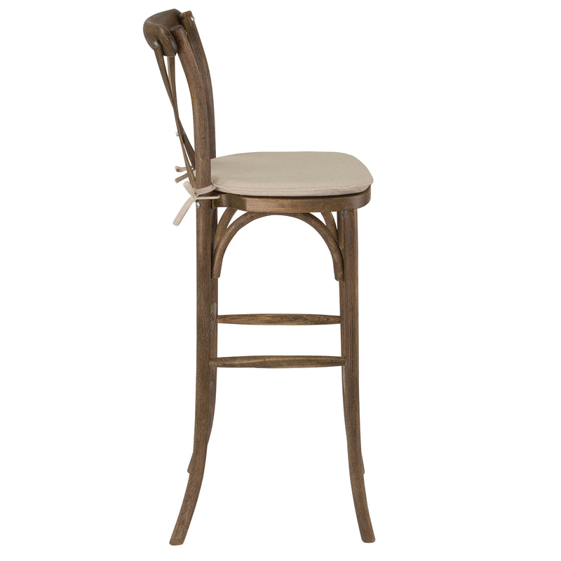 SINGLEWAVE Series Dark Antique Wood Cross Back Barstool with Cushion