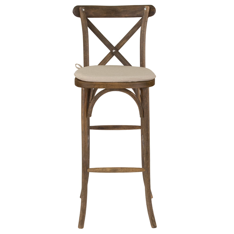 SINGLEWAVE Series Dark Antique Wood Cross Back Barstool with Cushion