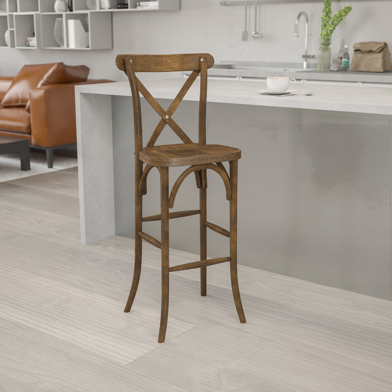 SINGLEWAVE Series Dark Antique Wood Cross Back Barstool