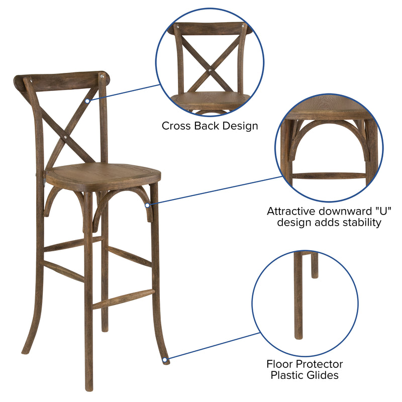 SINGLEWAVE Series Dark Antique Wood Cross Back Barstool