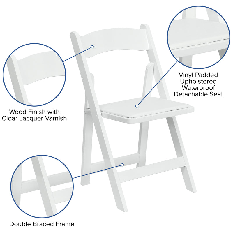 SINGLEWAVE Series White Wood Folding Chair with Vinyl Padded Seat