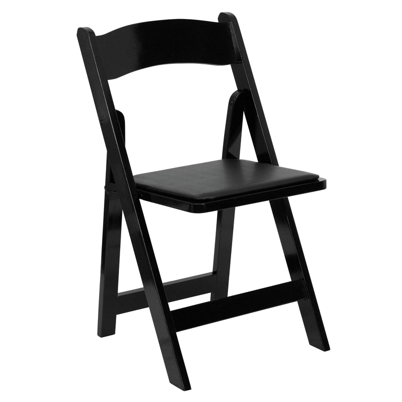 SINGLEWAVE Series Black Wood Folding Chair with Vinyl Padded Seat