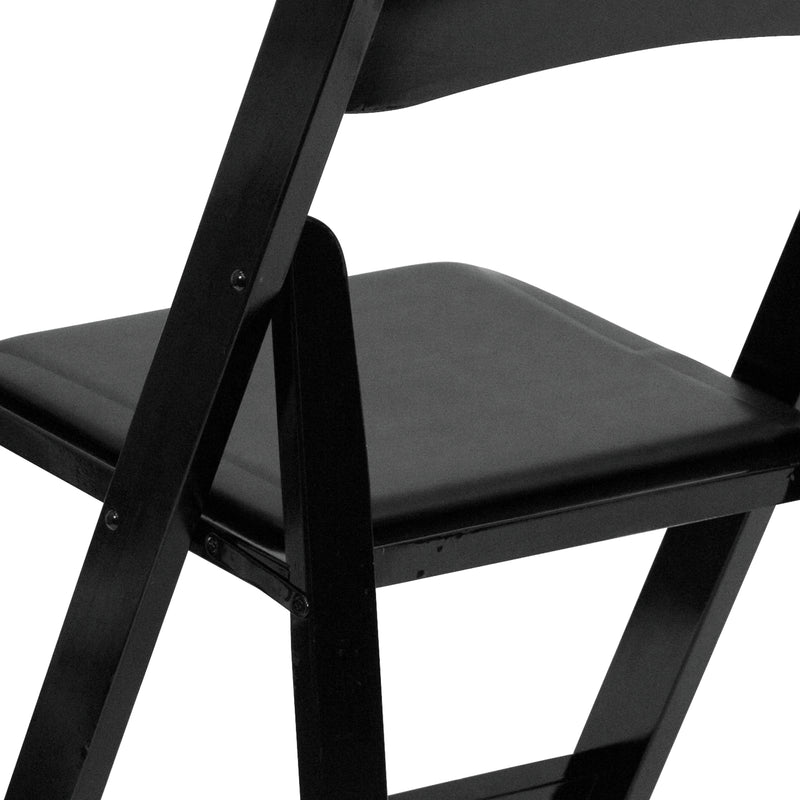 SINGLEWAVE Series Black Wood Folding Chair with Vinyl Padded Seat