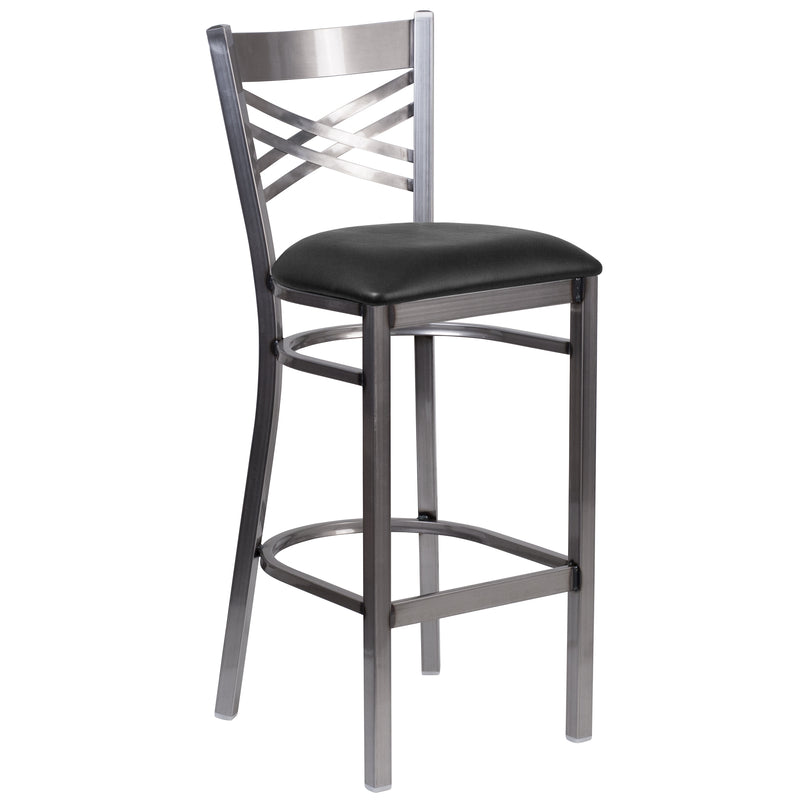 SINGLEWAVE Series Clear Coated ''X'' Back Metal Restaurant Barstool - Black Vinyl Seat