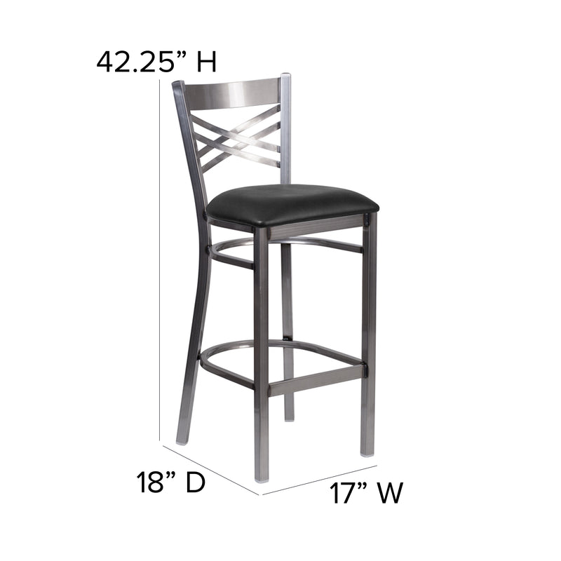 SINGLEWAVE Series Clear Coated ''X'' Back Metal Restaurant Barstool - Black Vinyl Seat