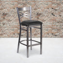 SINGLEWAVE Series Clear Coated ''X'' Back Metal Restaurant Barstool - Black Vinyl Seat