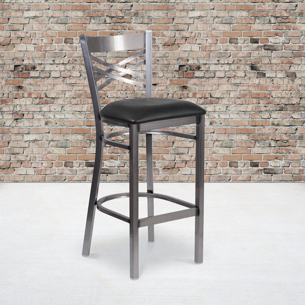 SINGLEWAVE Series Clear Coated ''X'' Back Metal Restaurant Barstool - Black Vinyl Seat