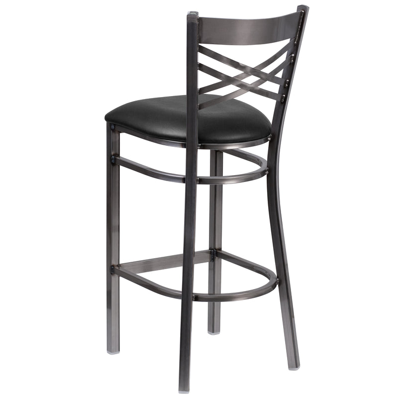 SINGLEWAVE Series Clear Coated ''X'' Back Metal Restaurant Barstool - Black Vinyl Seat