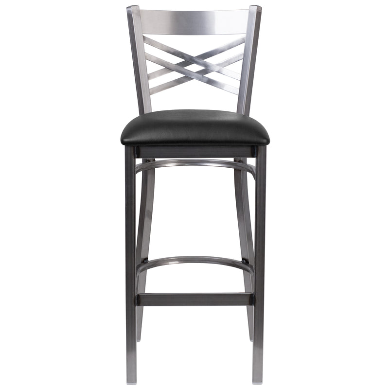 SINGLEWAVE Series Clear Coated ''X'' Back Metal Restaurant Barstool - Black Vinyl Seat