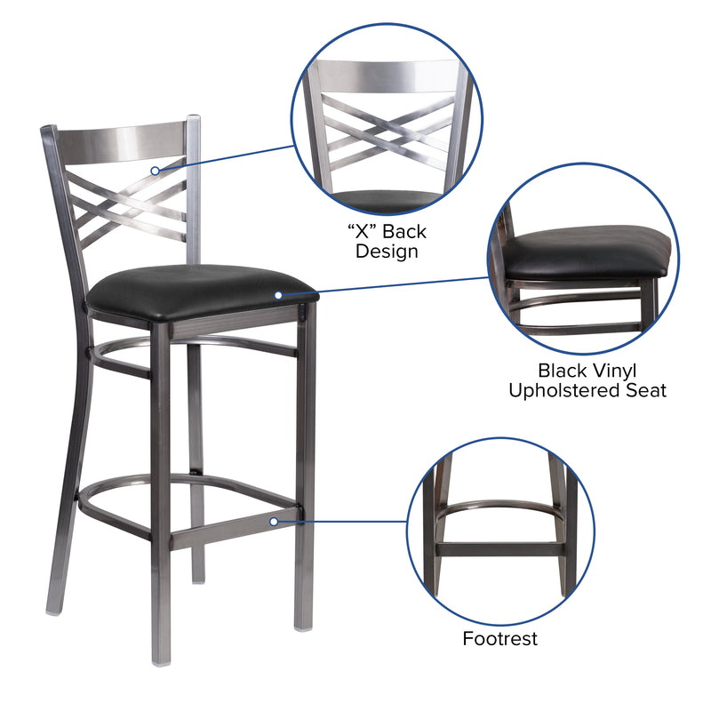 SINGLEWAVE Series Clear Coated ''X'' Back Metal Restaurant Barstool - Black Vinyl Seat