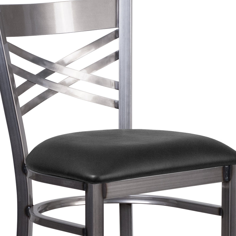 SINGLEWAVE Series Clear Coated ''X'' Back Metal Restaurant Barstool - Black Vinyl Seat